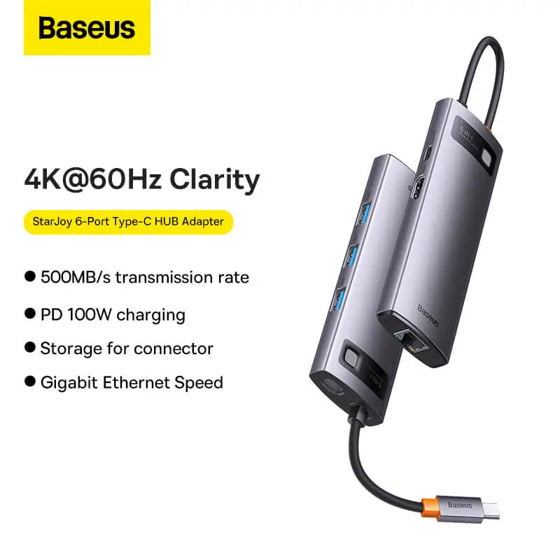 Baseus Metal Gleam Series 6-Port Type-C HUB Adapter (Type-C to HDMI4K@60Hz*1+USB3.0*3+PD*1+RJ45*1) WKWG080013