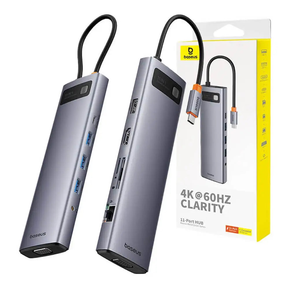 Baseus Metal Gleam Series 11-Port HUB Space Grey (Type-C to HDMI4K@60Hz*1+VGA*1+USB3.0*3+USB2.0*1+PD*1+RJ45*1+SD/TF*1+3.5mm*1)