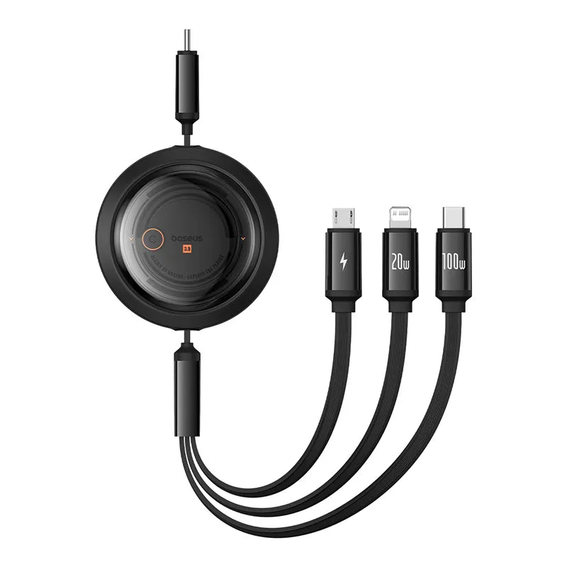Baseus Free2Draw Retractable Crystal Fast Charging Data Cable Type-C to M+L+C 100W 1.1m Cluster Black P10368700111-04