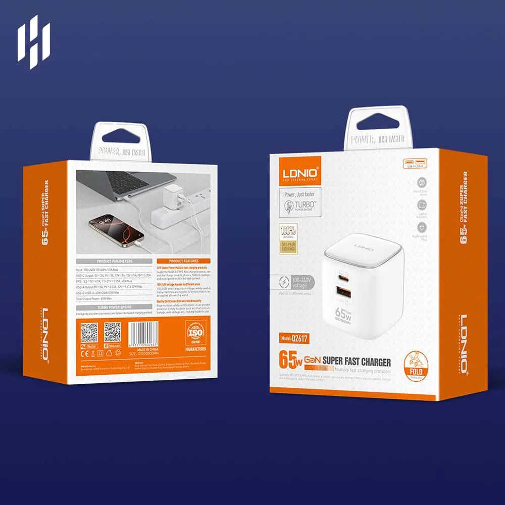 LDNIO Q2617 EU 65W GaN Super-Fast Charger Including US+EU+UK with C-C