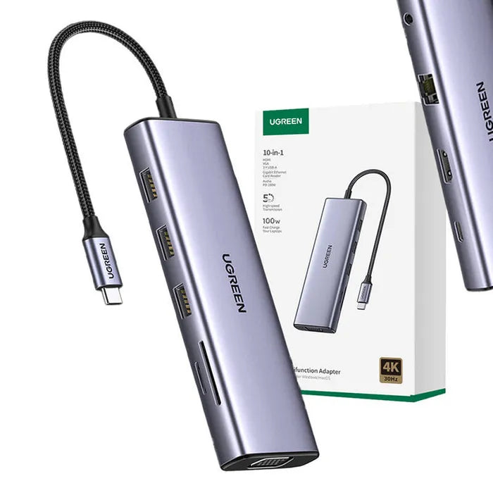 UGREEN CM498 10-in-1 Adapter USB Hub to 3x USB-A 3.0, HDMI, VGA, RJ45, SD/TF, PD Converter 15601