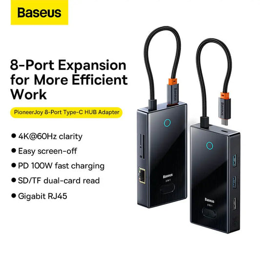 Baseus FOCUS SERIES 8-Port Type-C HUB Adapter Gray（Type-C to HDMI4K@60Hz*1+USB3.0*2+USB2.0*1+PD*1+RJ45*1+SD/TF*1）WKYY030313