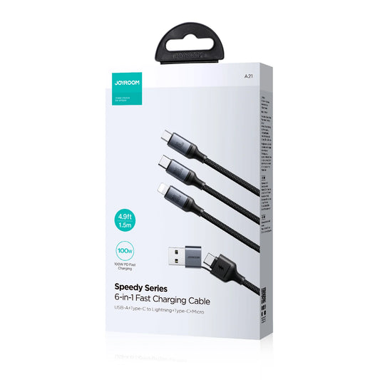 JOYROOM SA21-2T3 Speedy Series 100W 6-in-1 Fast Charging Cable (USB-A+Type-C to L+C+M) 1.5m-Black