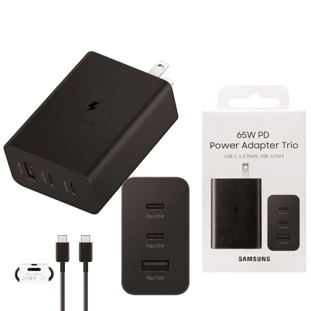 Samsung 65W USB-C Power Delivery Adapter (US Plug) with Trio Ports (2 x USB-C, 1 x USB-A) With C-C CABLE