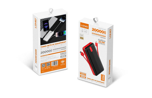 LDNIO PQ24 – 20000mAh Power Bank with Built-in Cables – 22.5W MAX
