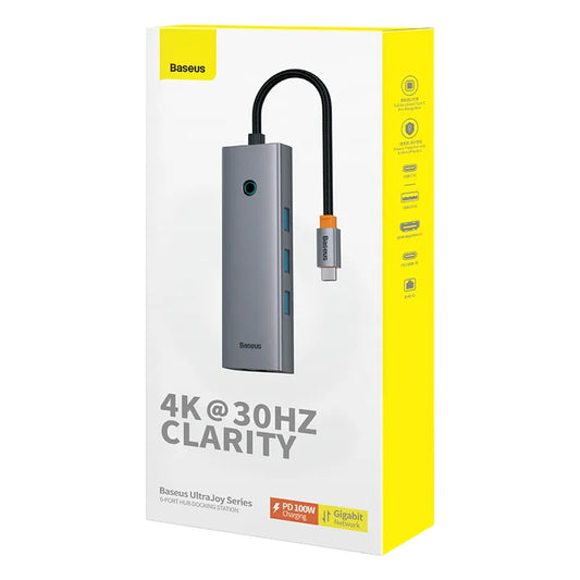 Baseus UltraJoy Series 6-Port HUB Docking Station Space Grey（Type-C to HDMI4K@30Hz*1+USB 3.0*3+PD*1+RJ45*1