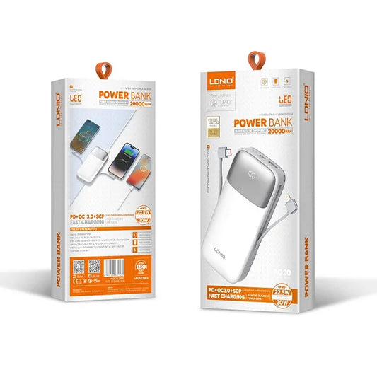 LDNIO PQ20 20000mAh 22.5W USB-C Fast Charging Power Banks smart LED Display Built-in Charging Cable Power Bank