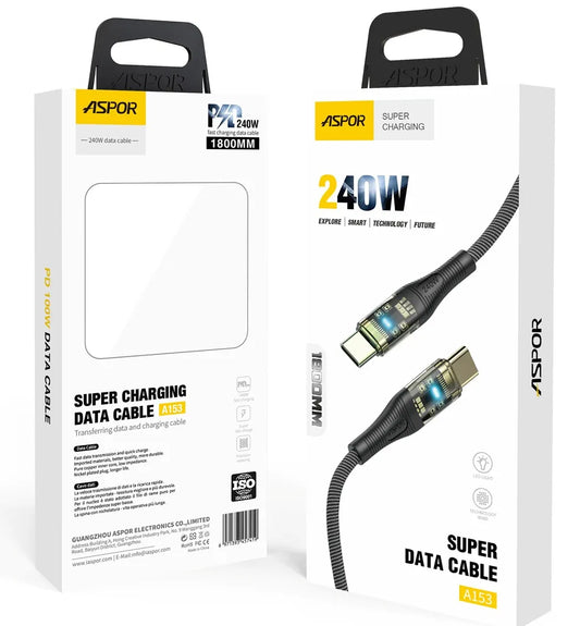 Aspor A153 240W LED Light Type-C to Type-C PD Fast Charging Cable – 1.8M Aspor